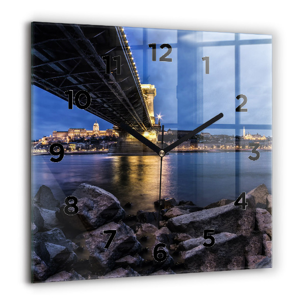 Square glass wall clock Rocky shore under the bridge