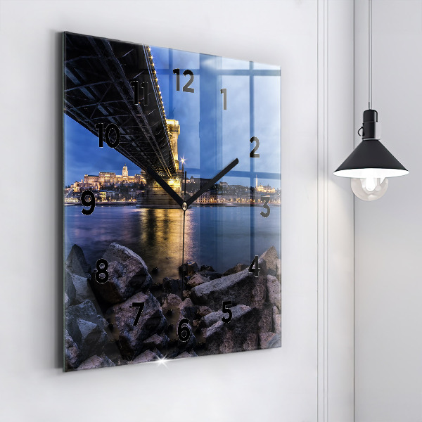 Square glass wall clock Rocky shore under the bridge