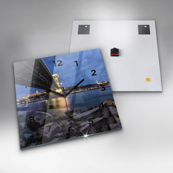 Square glass wall clock Rocky shore under the bridge