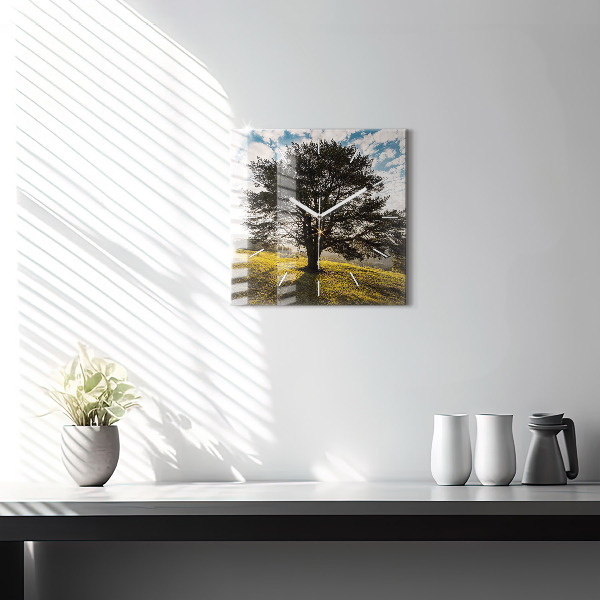 Square glass wall clock A tree on a hill