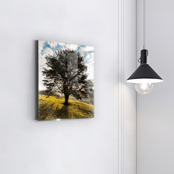 Square glass wall clock A tree on a hill