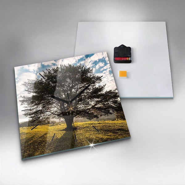 Square glass wall clock A tree on a hill