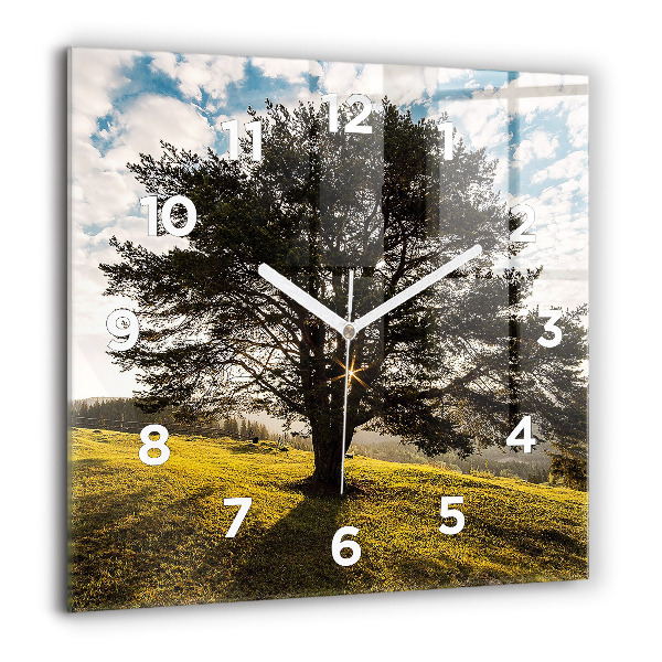 Square glass wall clock A tree on a hill