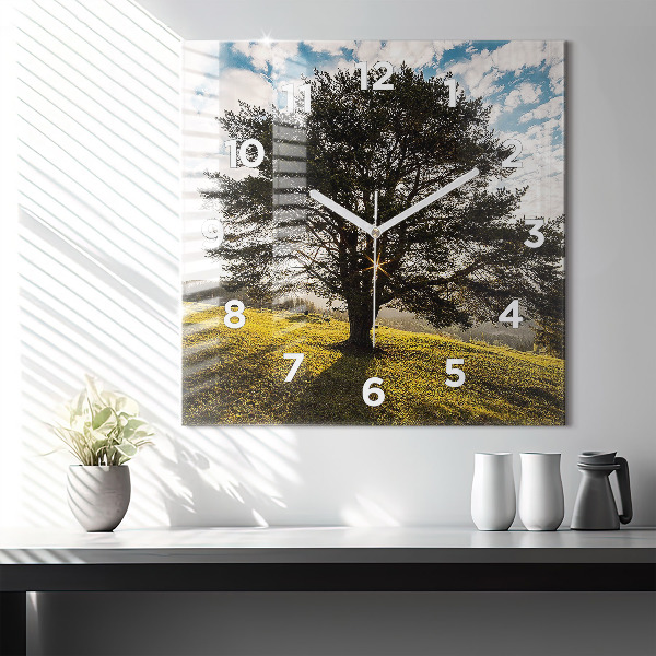 Square glass wall clock A tree on a hill