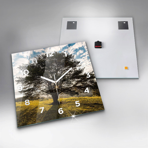 Square glass wall clock A tree on a hill