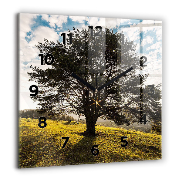 Square glass wall clock A tree on a hill