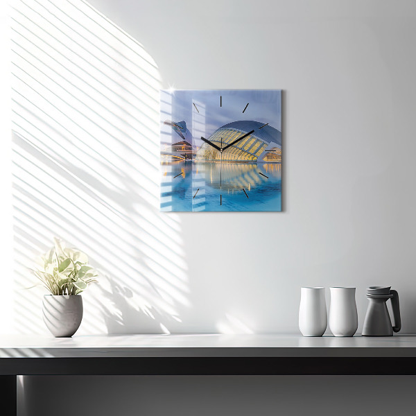 Square glass wall clock City sunset