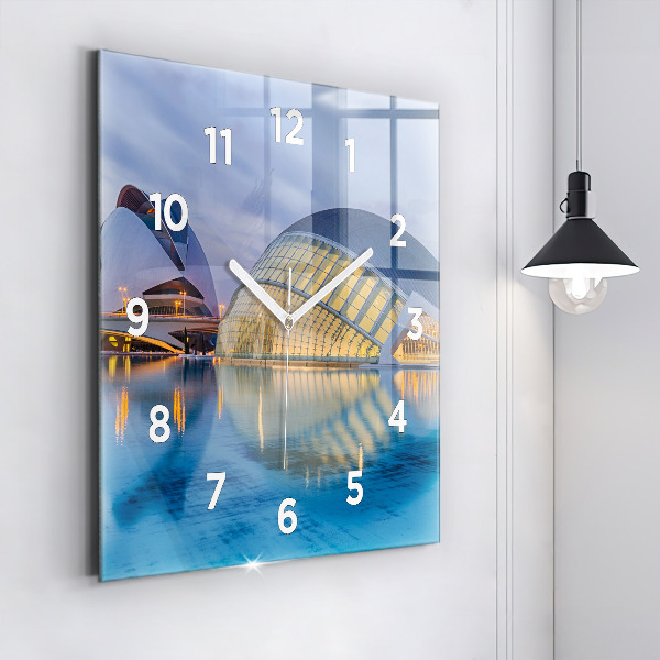 Square glass wall clock City sunset