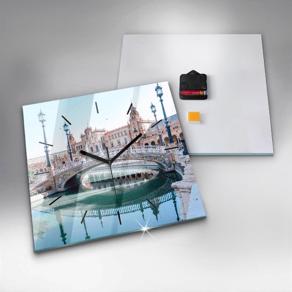 Square glass wall clock Plaza de Espana in Seville