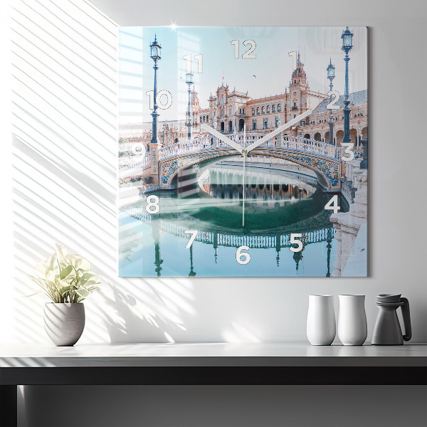 Square glass wall clock Plaza de Espana in Seville