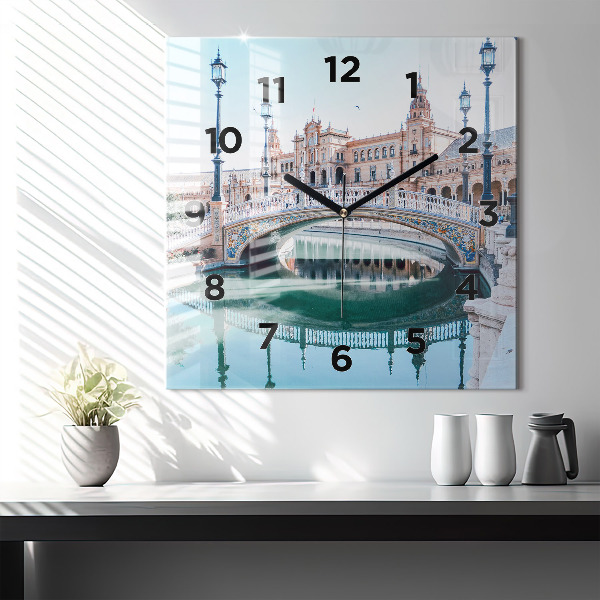 Square glass wall clock Plaza de Espana in Seville