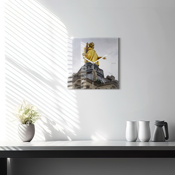 Square glass wall clock Statue of the Virgin Mary in Lyon