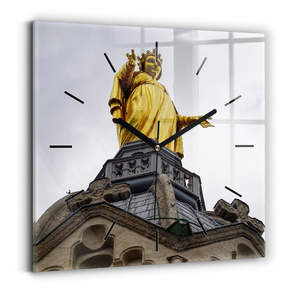 Square glass wall clock Statue of the Virgin Mary in Lyon