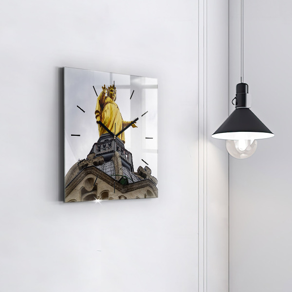 Square glass wall clock Statue of the Virgin Mary in Lyon