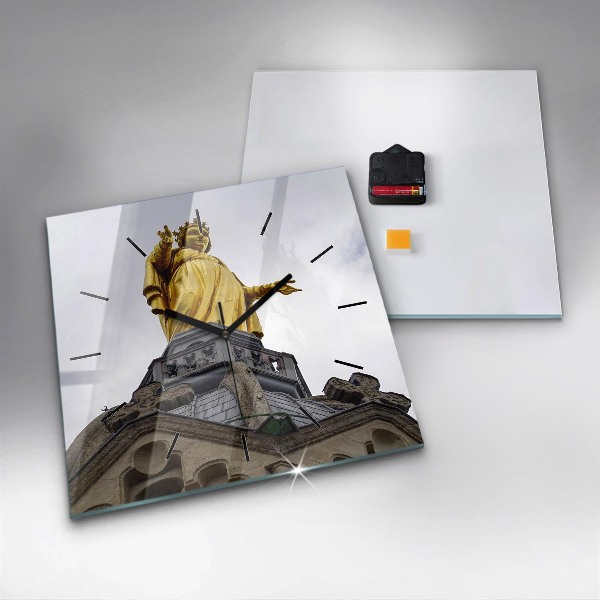 Square glass wall clock Statue of the Virgin Mary in Lyon