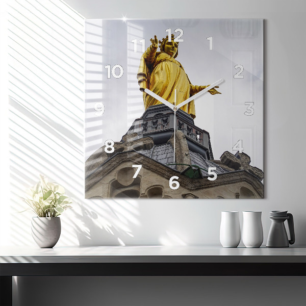 Square glass wall clock Statue of the Virgin Mary in Lyon