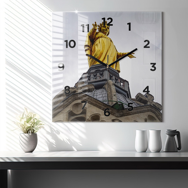 Square glass wall clock Statue of the Virgin Mary in Lyon