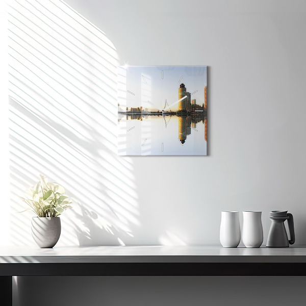 Square glass wall clock A city on the river