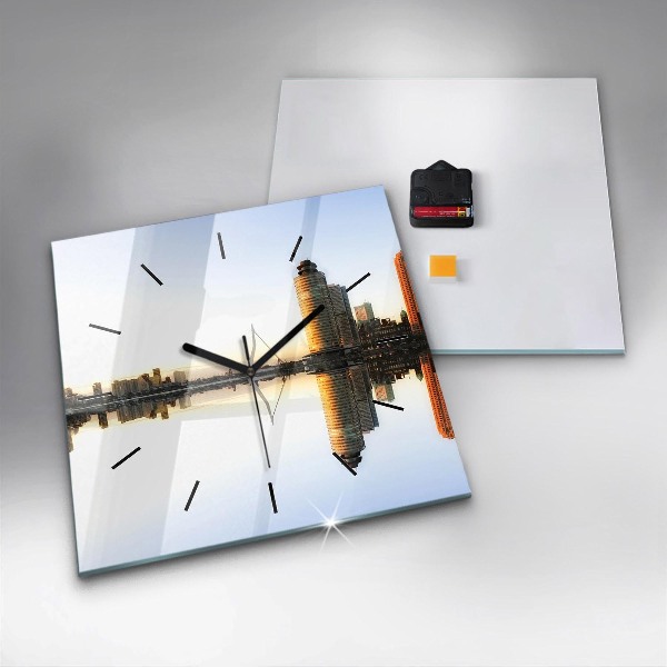 Square glass wall clock A city on the river