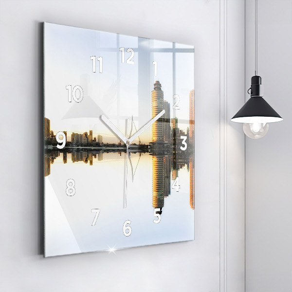 Square glass wall clock A city on the river
