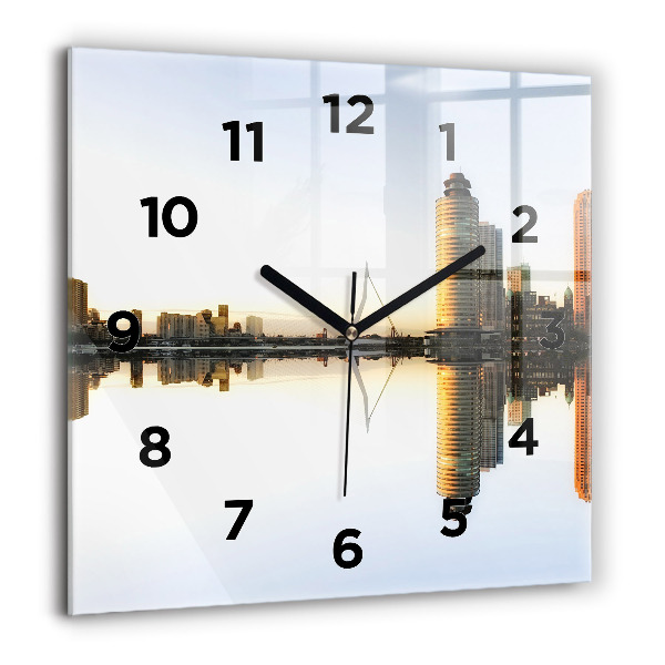 Square glass wall clock A city on the river
