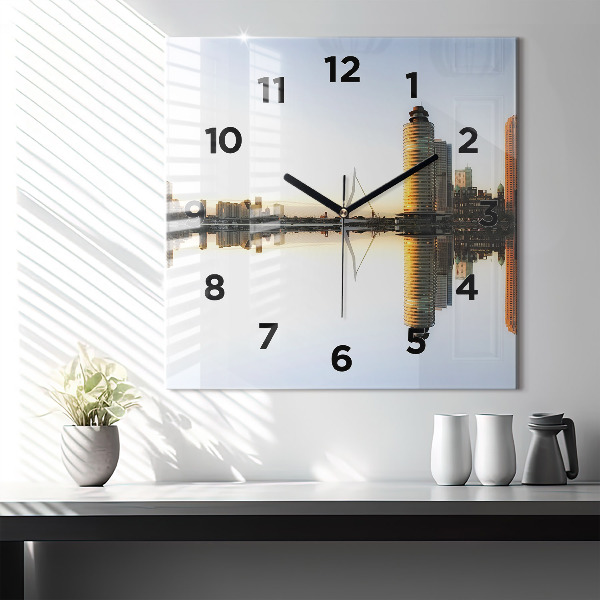 Square glass wall clock A city on the river