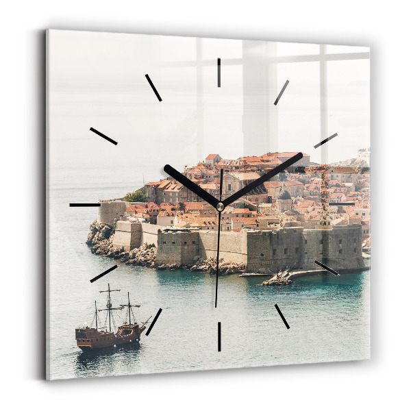Square glass wall clock Sailing ship in Dubrovnik