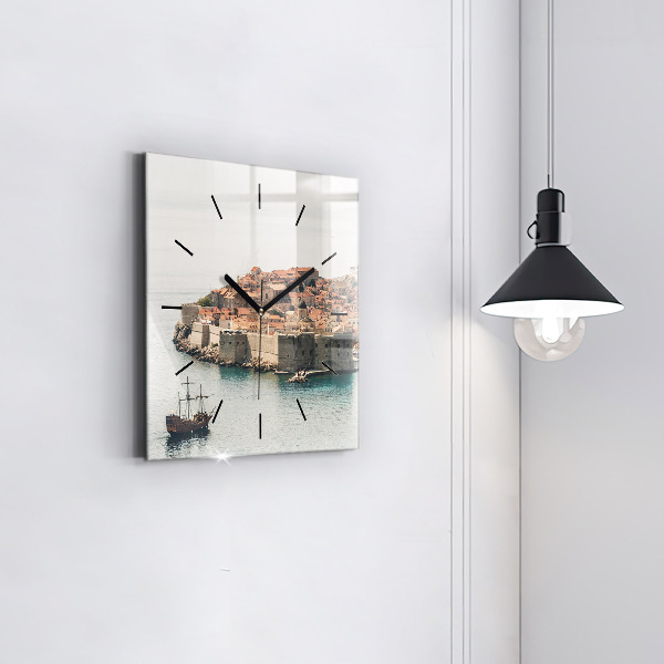 Square glass wall clock Sailing ship in Dubrovnik