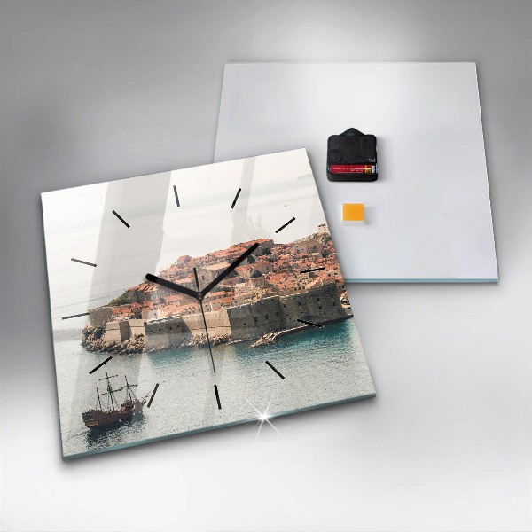 Square glass wall clock Sailing ship in Dubrovnik