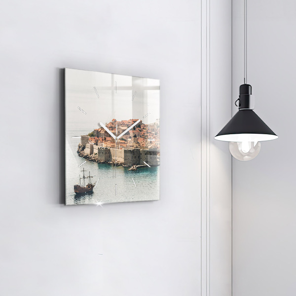 Square glass wall clock Sailing ship in Dubrovnik