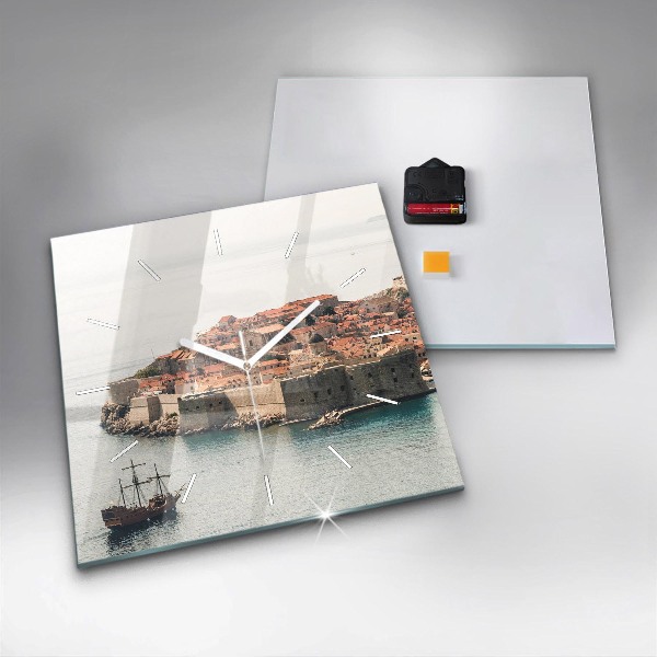 Square glass wall clock Sailing ship in Dubrovnik