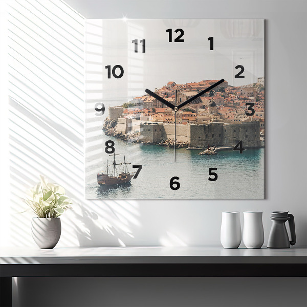 Square glass wall clock Sailing ship in Dubrovnik