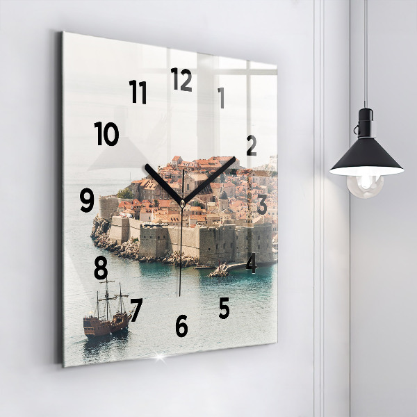 Square glass wall clock Sailing ship in Dubrovnik