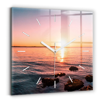 Square glass wall clock Rocks at sunset