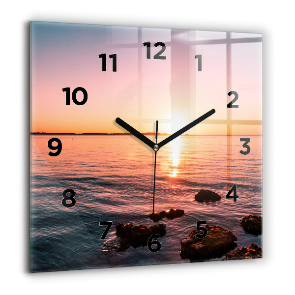 Square glass wall clock Rocks at sunset