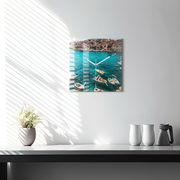 Square glass wall clock Boats in Croatia