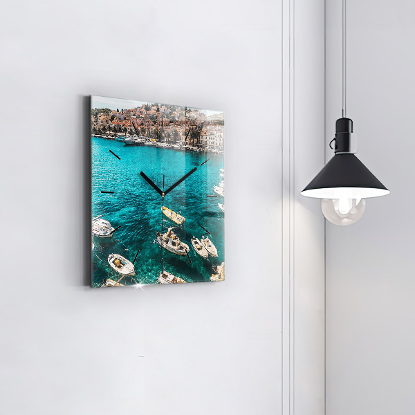 Square glass wall clock Boats in Croatia