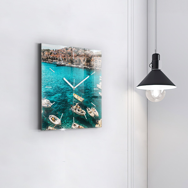 Square glass wall clock Boats in Croatia