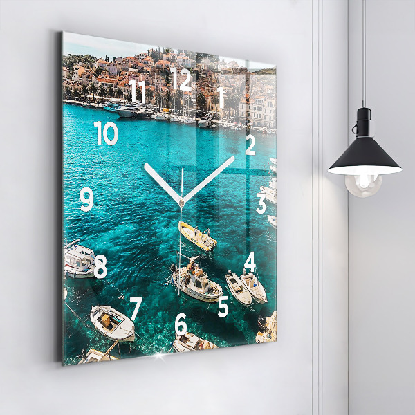 Square glass wall clock Boats in Croatia