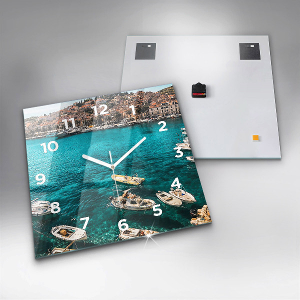 Square glass wall clock Boats in Croatia