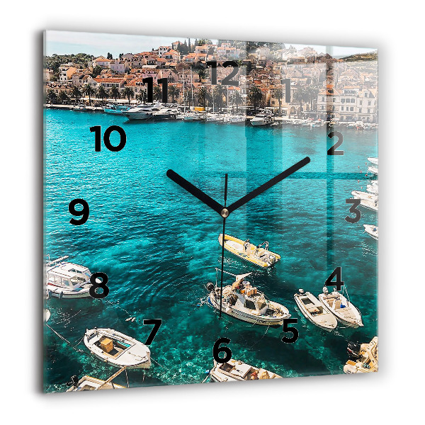 Square glass wall clock Boats in Croatia