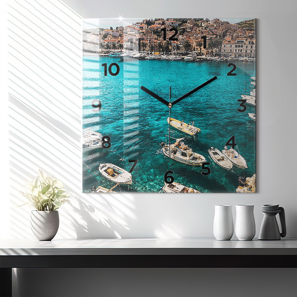 Square glass wall clock Boats in Croatia