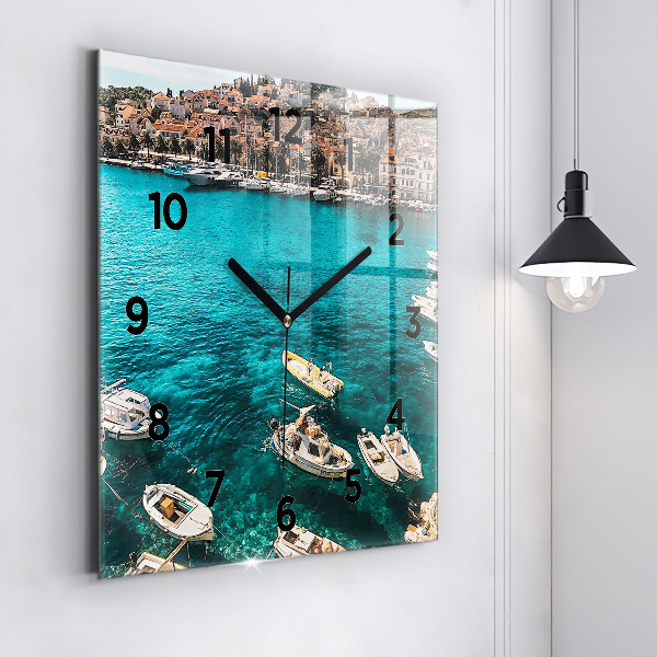 Square glass wall clock Boats in Croatia