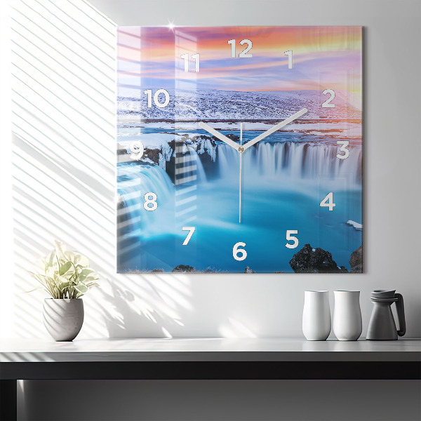 Square glass wall clock Godafoss Waterfall Iceland