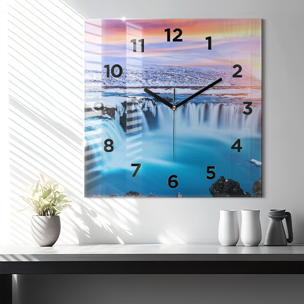 Square glass wall clock Godafoss Waterfall Iceland