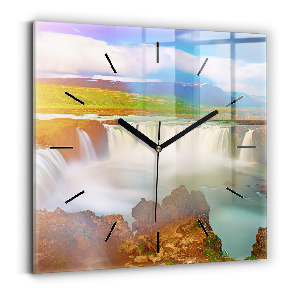 Square glass wall clock Godafoss in Iceland