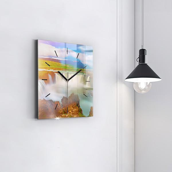 Square glass wall clock Godafoss in Iceland