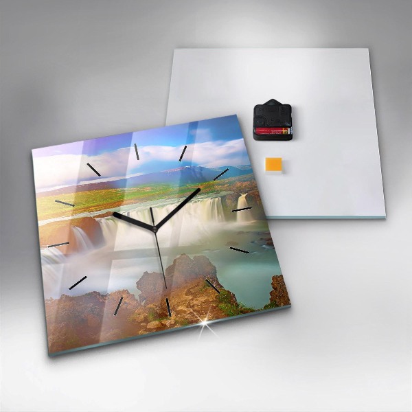 Square glass wall clock Godafoss in Iceland