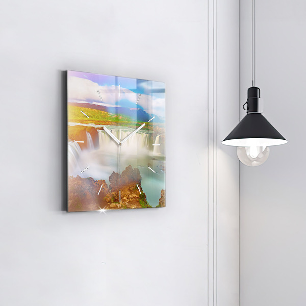Square glass wall clock Godafoss in Iceland