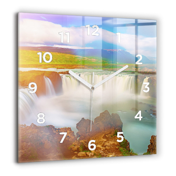 Square glass wall clock Godafoss in Iceland